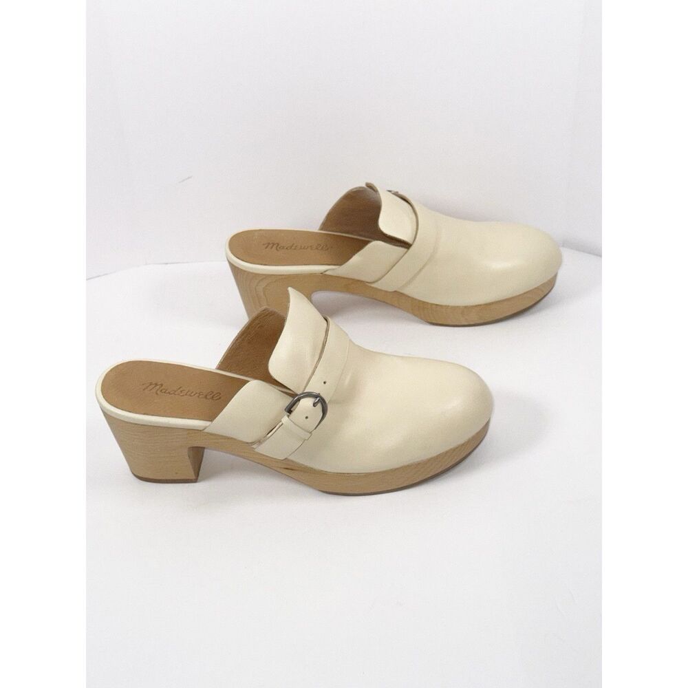 Madewell Monique Buckle Clogs Ivory Leather Chunky Wood Heel Buckle Slip On Sz 9 - Picture 16 of 16